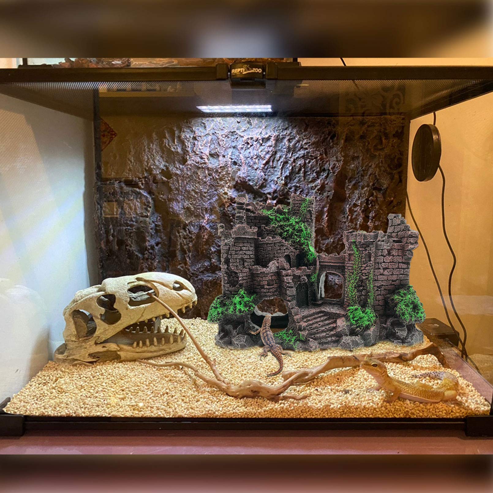 PINVNBY Reptile Resin Castle Decoration,Bearded Dragon Habitat Accessories Crested Gecko Hideouts Cave Reptiles Vines Flexible J